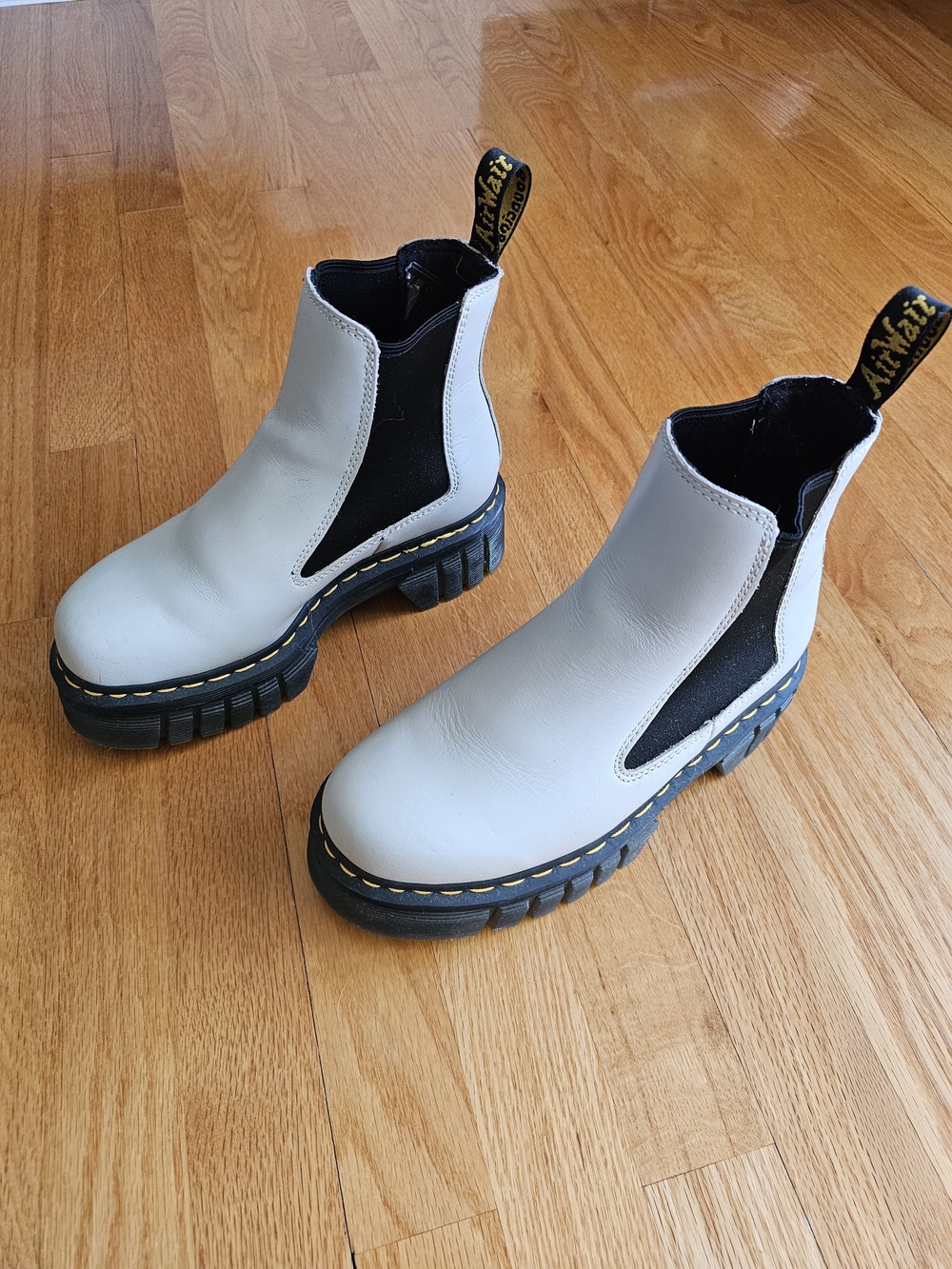 Dr. Martens White Leather Chelsea Lug Boots with Black Elastic